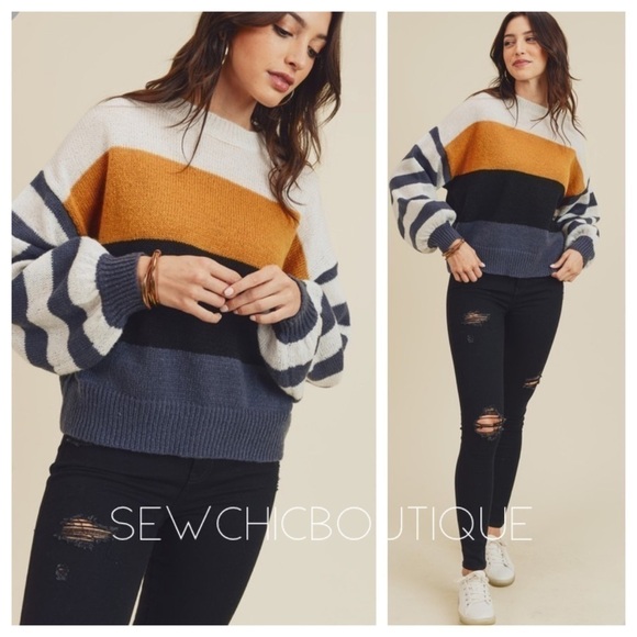 Color Block Sweater with Balloon Sleeves - Picture 1 of 5